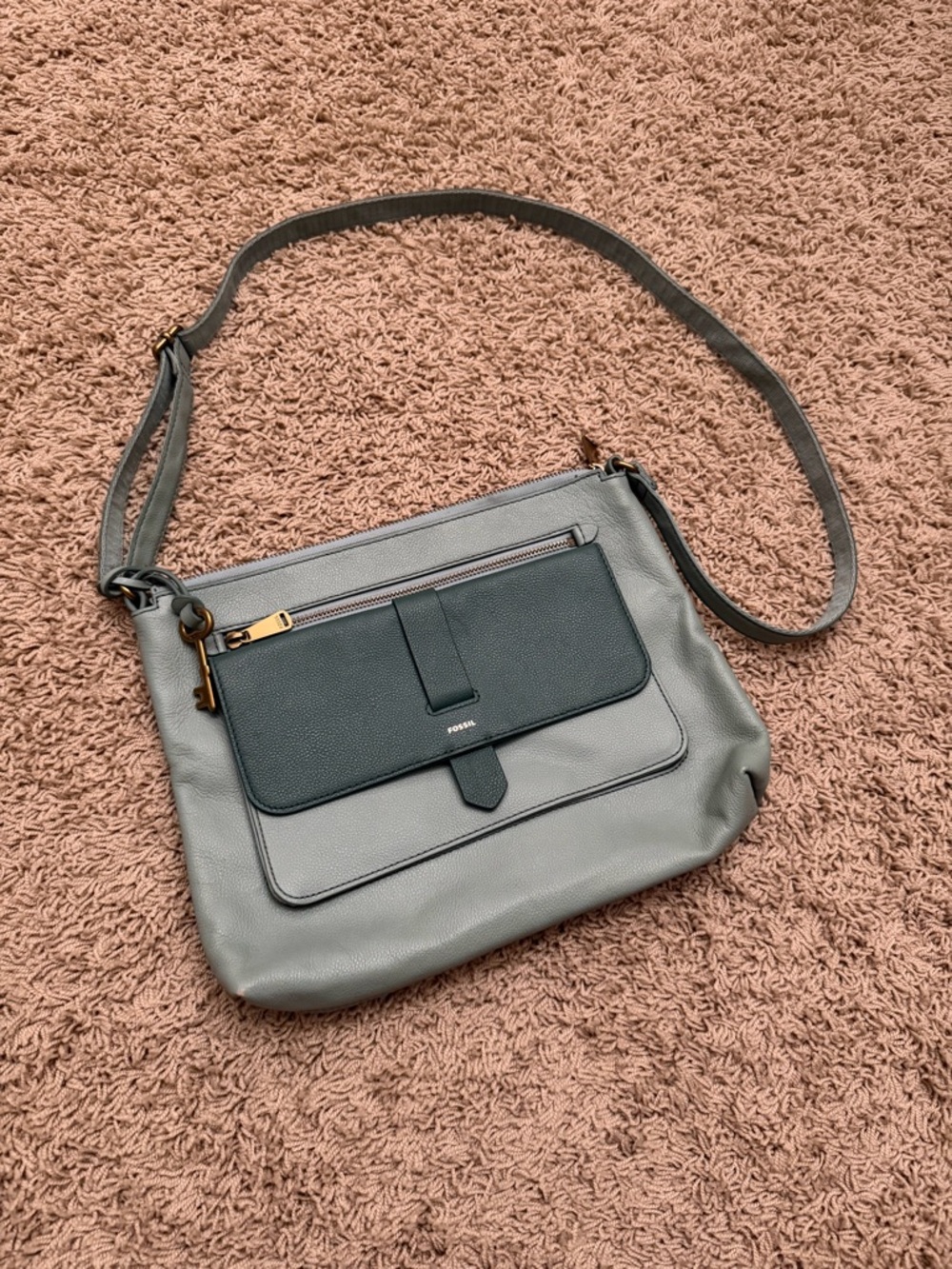 Fossil Womens Kinley Chambray Crossbody Leather Hobo Bag Blue Green Turquoise